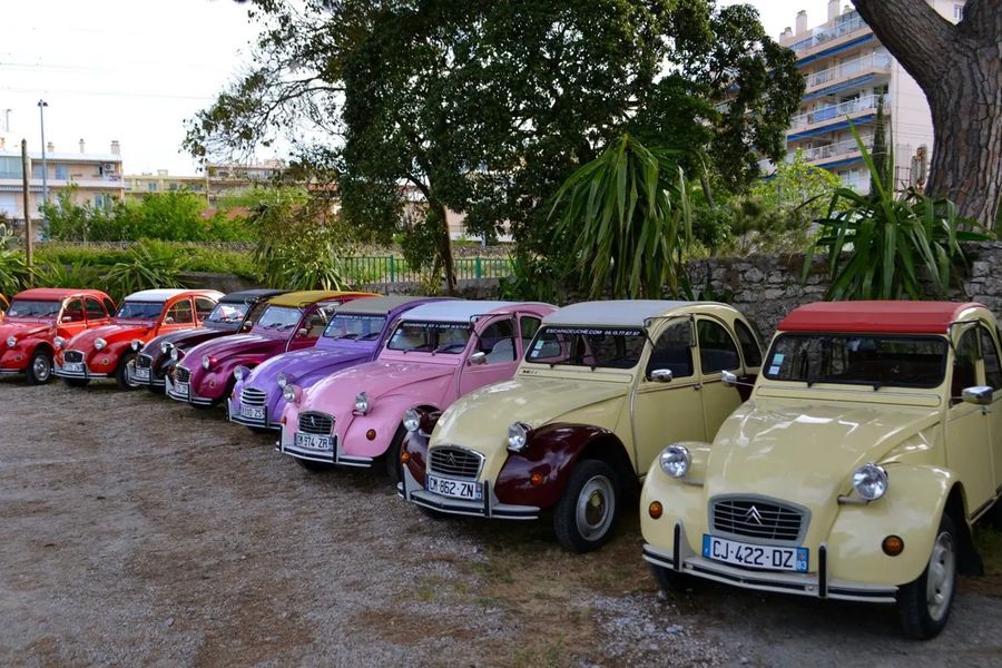 Alignement de 2 CV de toutes les couleurs, avant le départ