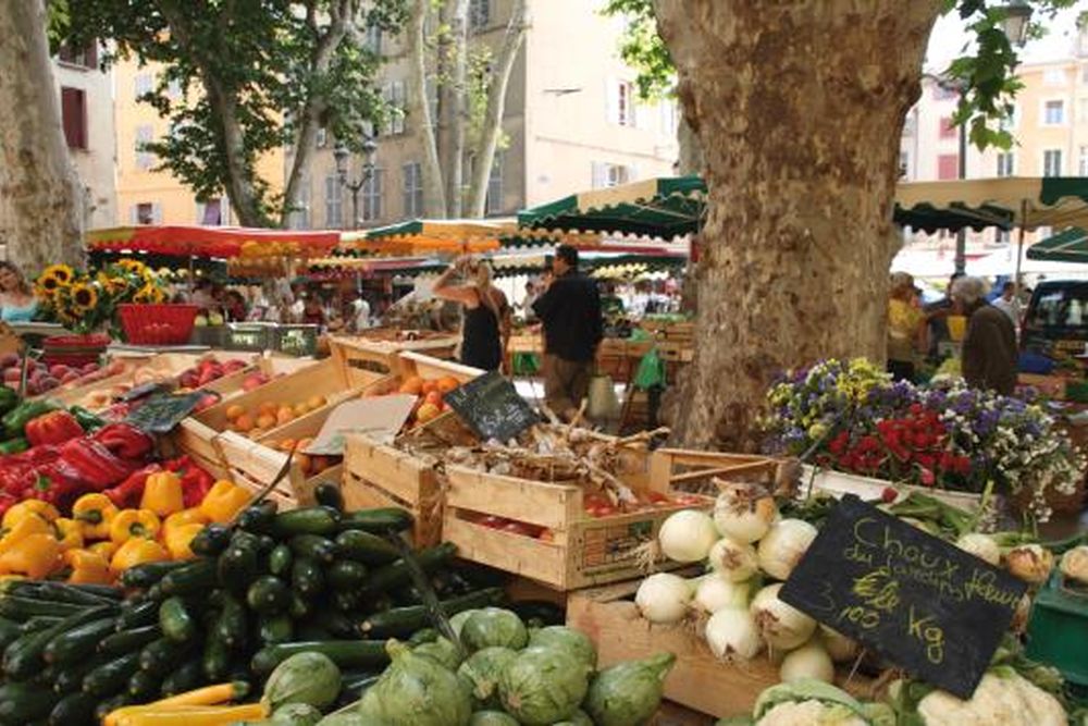 Les étals du marché sous les platanes