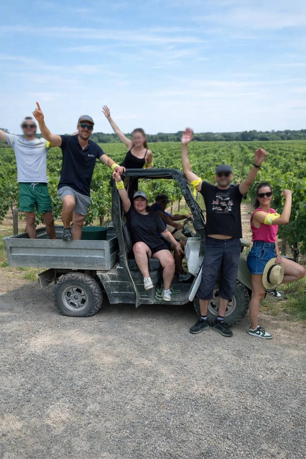 Équipe en route entre les rangs de vigne, à bord du véhicule du domaine