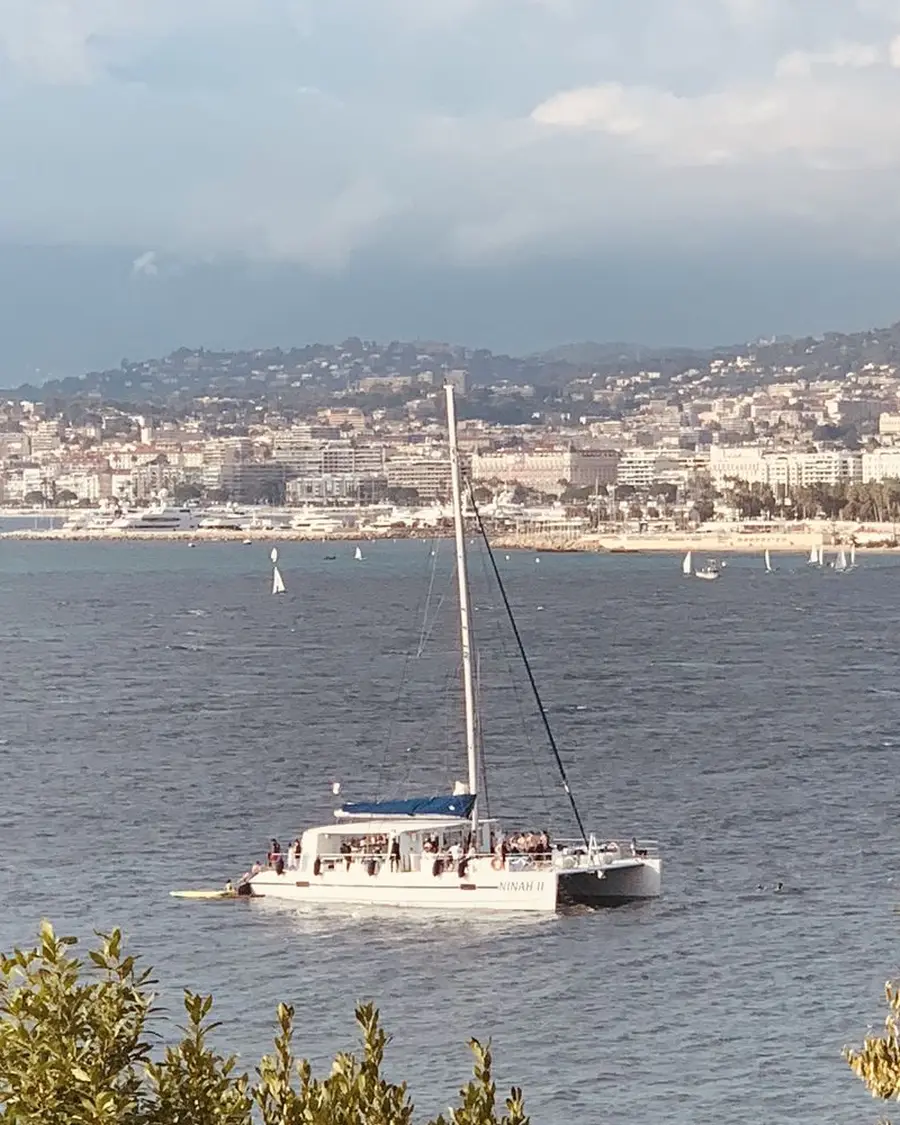 La baie de Cannes et un catamaran au mouillage, vus depuis la côte
