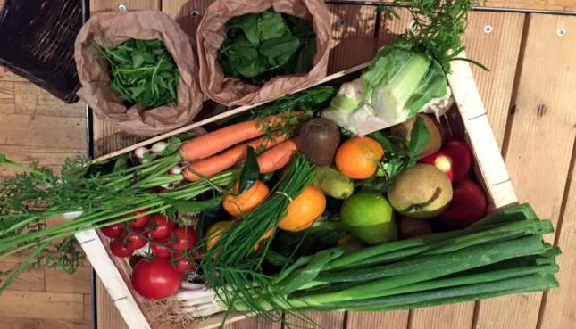 Un cageot de fruits et légumes frais et deux sacs d'herbes