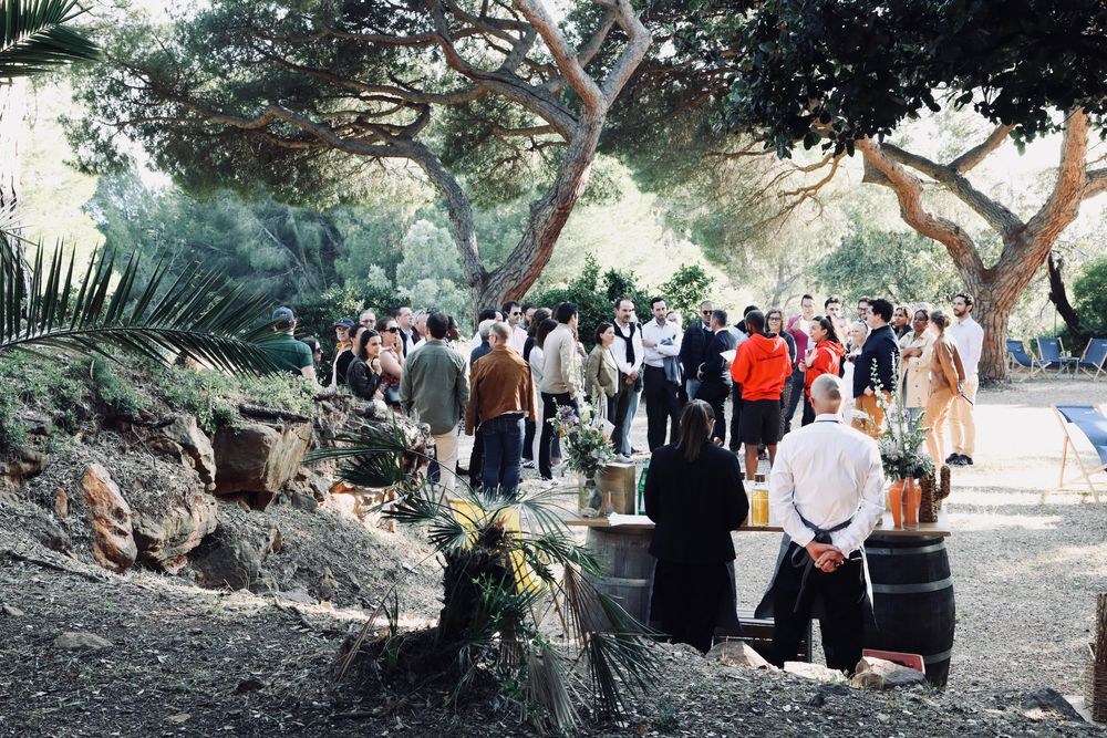 Invités réunis sous les pins pendant le cocktail