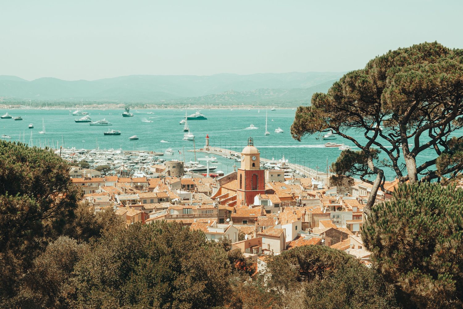 Les toits du village et le golfe vus depuis les hauteurs, entre les pins