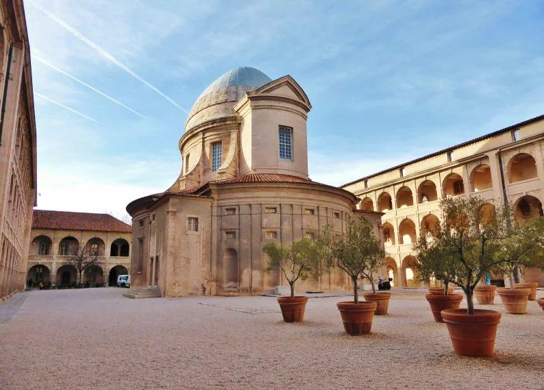 Une cour classée du vieux Marseille, orangers en pots et arcades